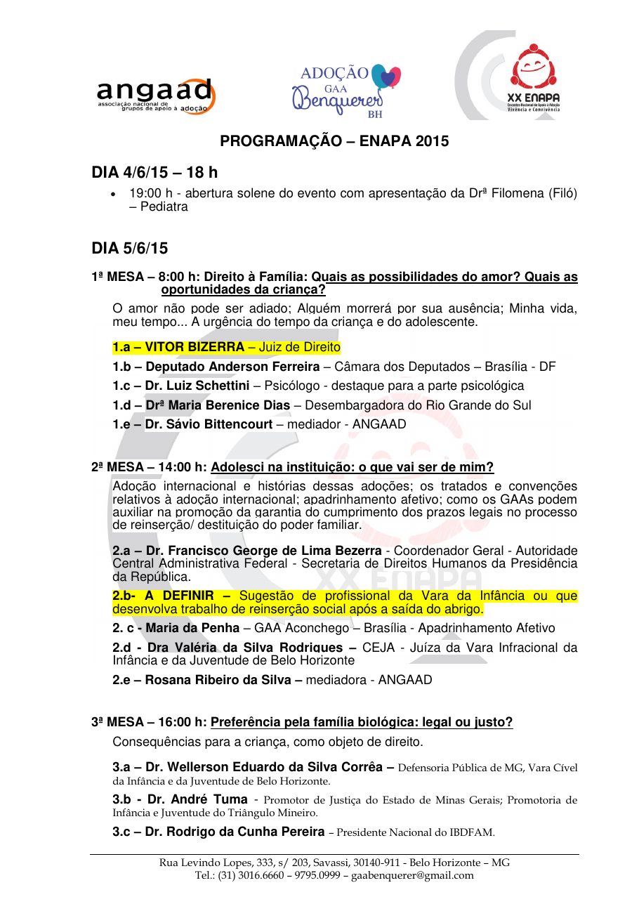 Registro visual de Programação oficial — XX ENAPA 2015